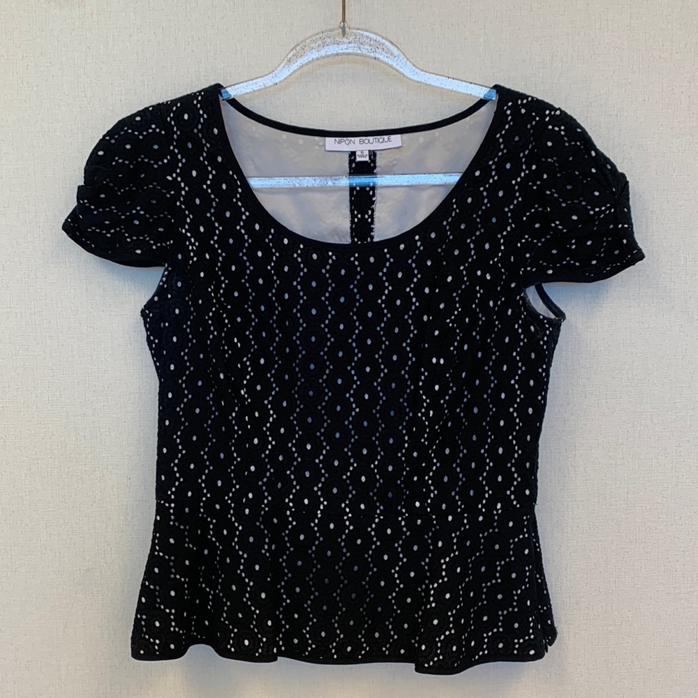 Nipon Boutique Black Eyelet Peplum Top • Sz 6